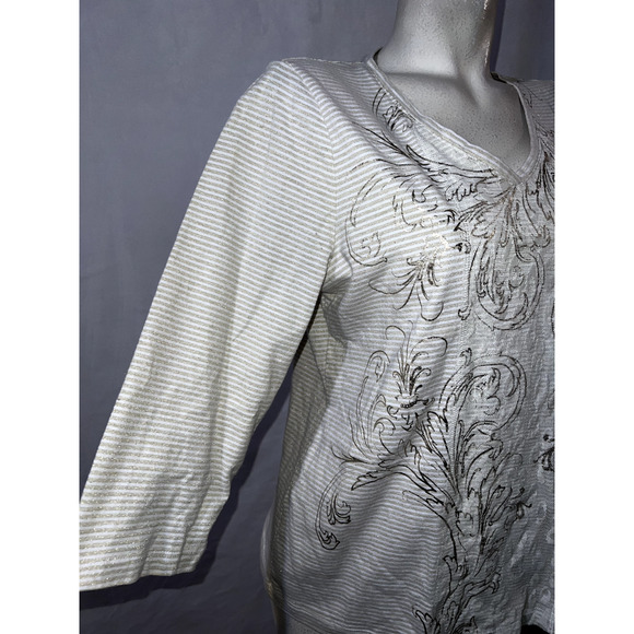 Zenergy CHICO'S Top Size L (2) Ivory Gold Striped 3/4 Sleeve Lace Front Shirt - Picture 3 of 6